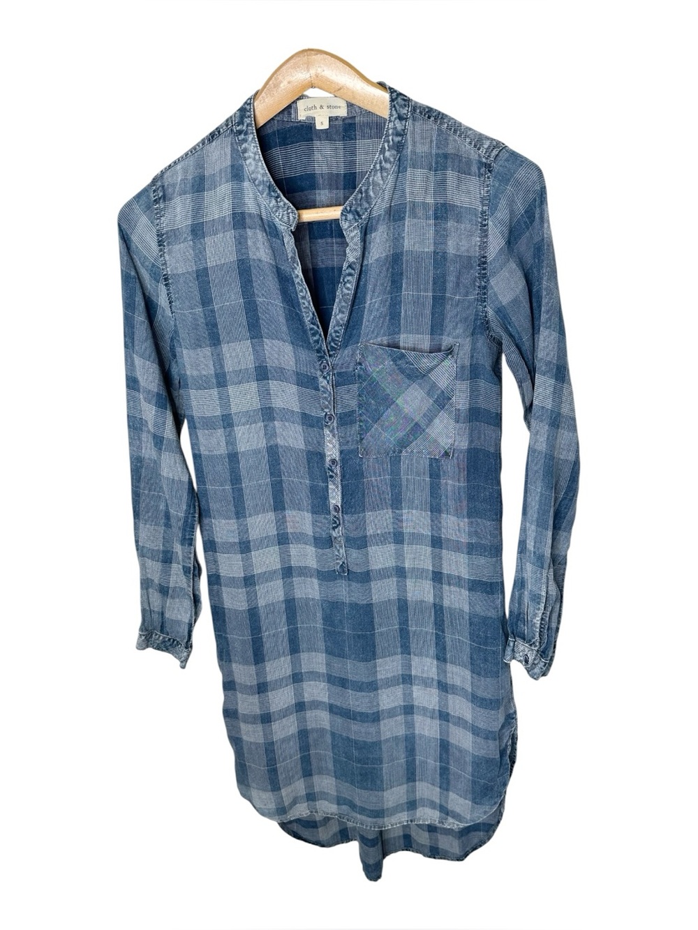 Cloth & Stone Lyocell Chambray Shirt Dress Size Small Blue Plaid Roll Tab Sleeve